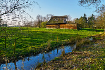 Fototapeta na wymiar old damaged wooden barn with half the reed roof missing on a green pasture bordered by a ditch with blue water on a sunny spring day