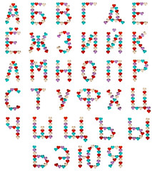 Isolated set of Font Russian alphabet made of colorful glass hearts with sparkles on white and black backgrounds