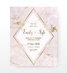 Marble wedding invitation card with rhombus frame and gold texture.