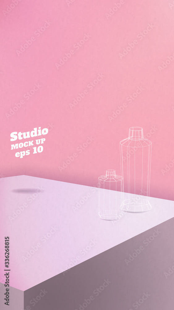 Poster Studio table background.Vector,pastel pink gradient product display block wall.mockup for display of design.Vertical Banner for advertise product.16 9 ratio