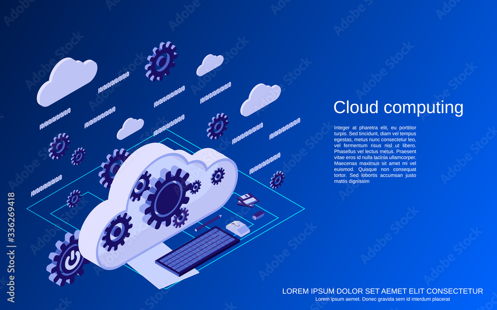 Aufkleber cloud computing, network, data processing flat isometric vector concept illustration