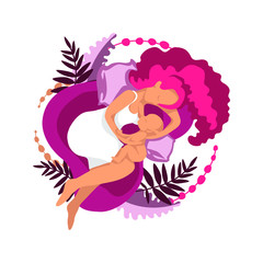 Newborn breastfeeding woman, mom with infant surrounded by exotic leaves, flat style illustration in a limited color palette. For use in printing or web design. Vector illustration
