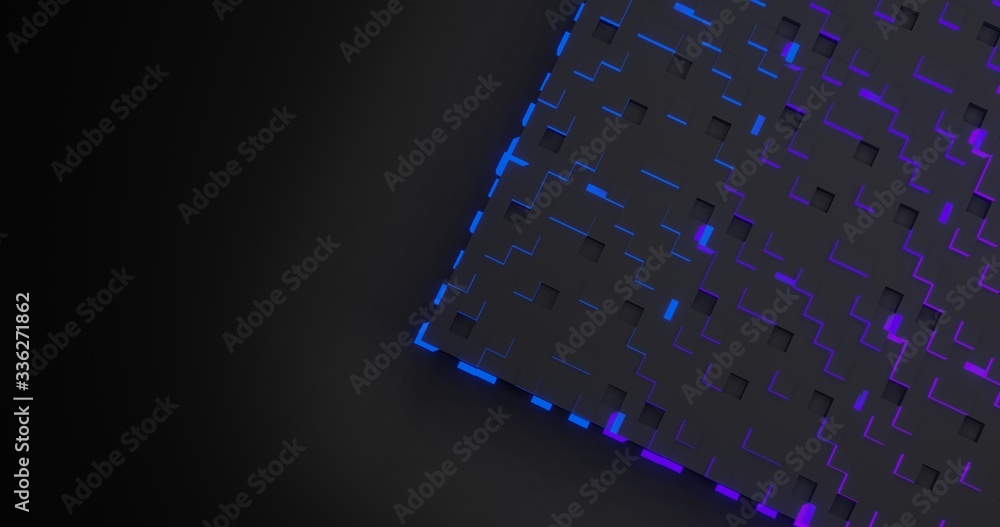 Poster abstract cubes background with random side of blue and purple light. 3d illustration with space text