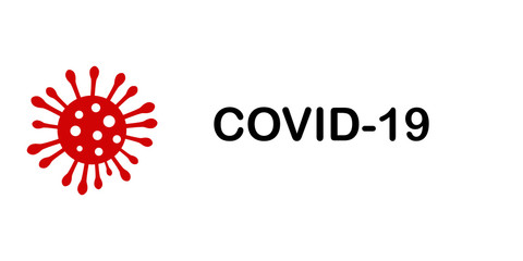 Coronavirus warning sign. Black inscription COVID-19 and red virus on white background