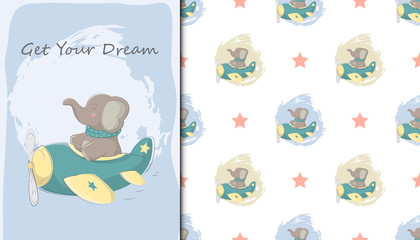 Illustration of elephant riding a plane and kids baby pattern in the white backdrop
