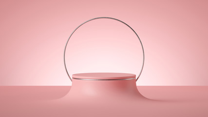 3d render, abstract minimal futuristic pink background, empty cylinder podium or round stage with round frame, blank showcase stand mockup, vacant pedestal platform with place for product display
