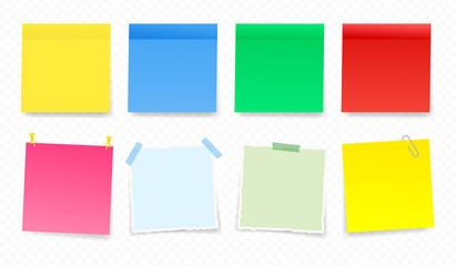 Notes stickers vector illustration. Colorful torn paper stickers, labels, notes and reminders with ribbon. Adhesive tapes with a shadow pattern.