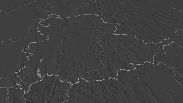 Shan, state with its capital, zoomed and extruded on the bilevel map of Myanmar in the conformal Stereographic projection. Animation 3D