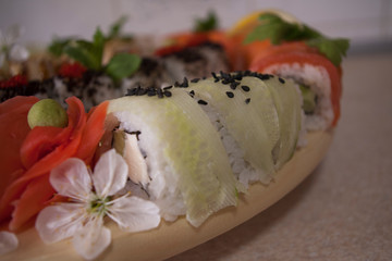 sushi close up, japanese food styling with cherry blossom