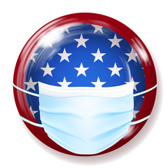 Round glass button in USA flag colors with a medical disposable mask for protection of coronavirus
