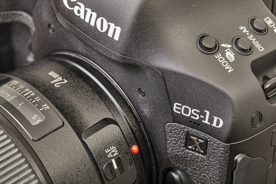 BUDAPEST, HUNGARY - CIRCA 2017: Canon EOS 1Dx mark II. The 1D series are Canon's professional DSLR models.