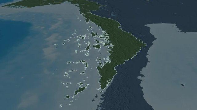 Tanintharyi, division with its capital, zoomed and extruded on the administrative map of Myanmar in the conformal Stereographic projection. Animation 3D
