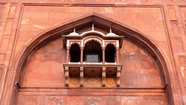 close up of a window on an entrance gate to jama masjid mosque in old delhi