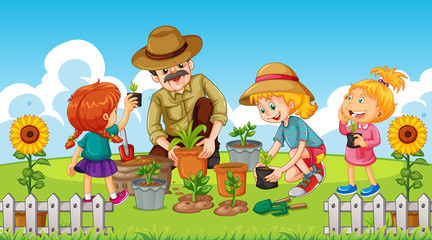 Scene with kid planting trees in the garden