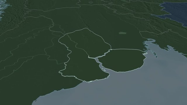 Yangon, division with its capital, zoomed and extruded on the administrative map of Myanmar in the conformal Stereographic projection. Animation 3D