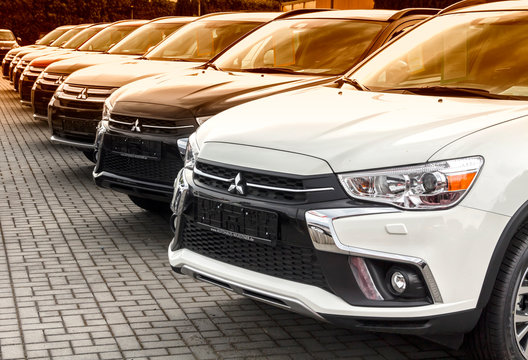 Nurnberg, Germany May 31, 2018: A row of Mitsubishi cars. Mitsubishi Dealer center