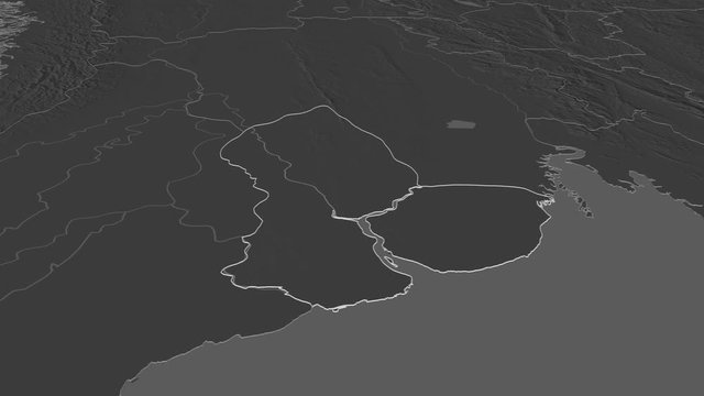 Yangon, division with its capital, zoomed and extruded on the bilevel map of Myanmar in the conformal Stereographic projection. Animation 3D
