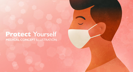 Protect yourself concept illustration. Man wearing face masks protecting herself from pollution and virus. Vector design banner template.
