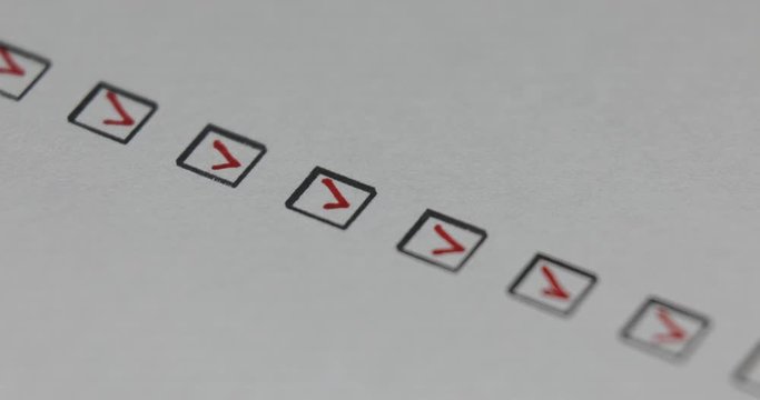 A person checking off a to do list with red pen. Check all the boxes of a checklist, close-up, 4k Person Ticks Checkbox Marks with a Pen, filling up To Do List.