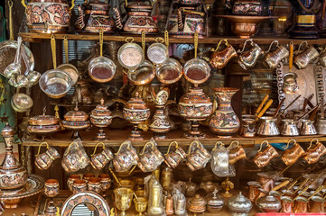 View of shop with lots of traditional Turkish copper handworks.
