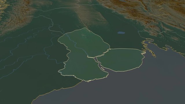 Yangon, division with its capital, zoomed and extruded on the relief map of Myanmar in the conformal Stereographic projection. Animation 3D