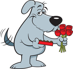 Cartoon illustration of a smiling dog holding a box of chocolates and a bouquet of roses.