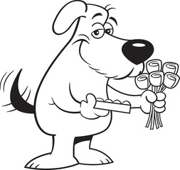 Black and white illustration of a smiling dog holding a box of chocolates and a bouquet of roses.