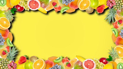 Creative photo of many different exotic tropical bright fruits frame with shadows on a summer yellow color background. View from above. Bright summer fruit pattern with copy space.