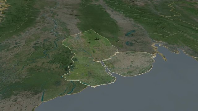 Yangon, division with its capital, zoomed and extruded on the satellite map of Myanmar in the conformal Stereographic projection. Animation 3D