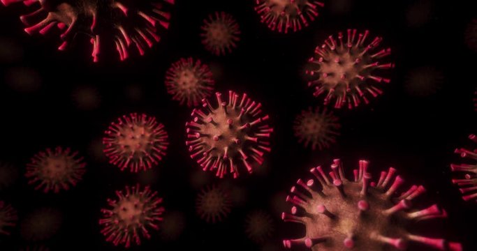 Coronavirus COVID-19 virus particles realistic medical animation on dark background in 4K