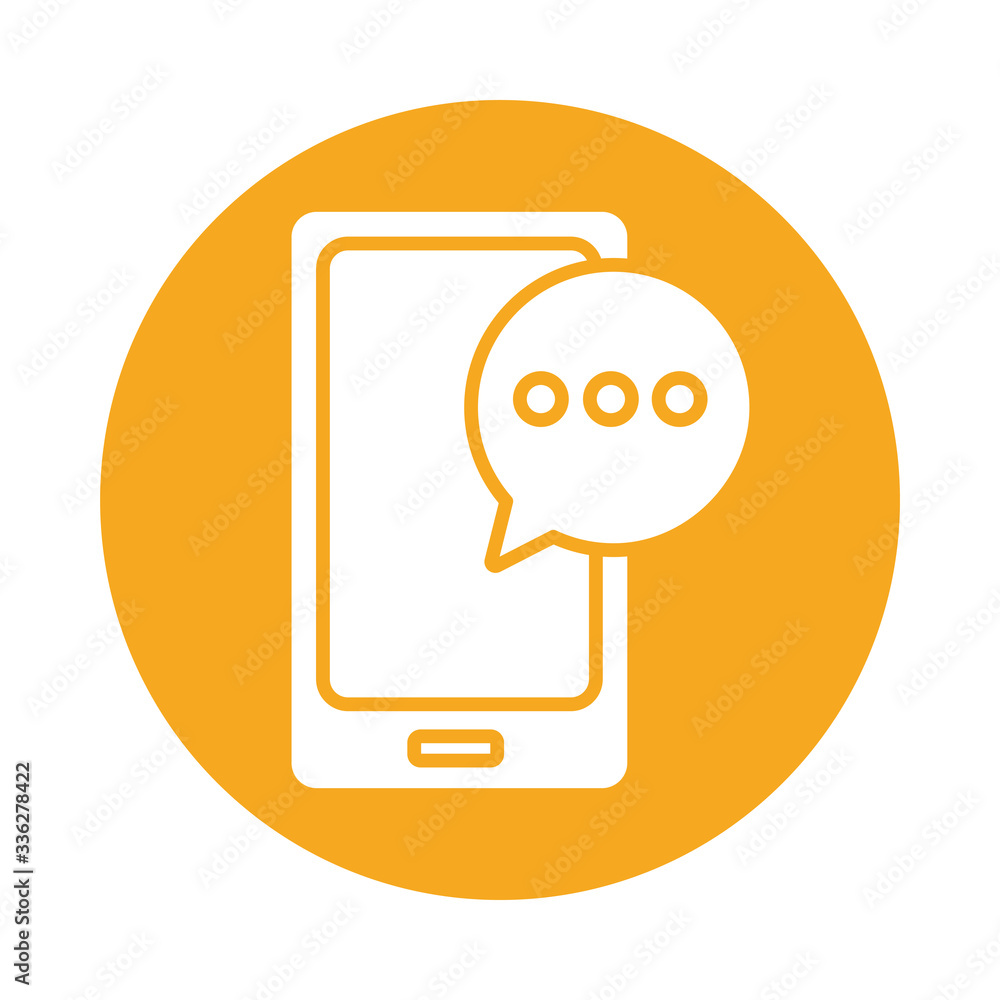 Poster smartphone with speech bubble block style icon