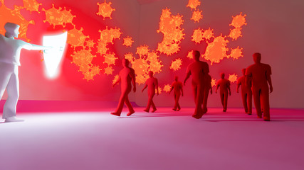 Health bacteria virus protection. Medical prevention human germ. Healthy man reflect bacteria attack with shield. medicine concept illustration.3D rendering.