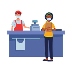 afro woman using face mask with salesman characters