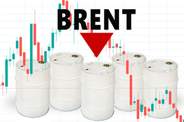 Brent oil price. Crude oil cost reduction. Brent oil price fall. White barrels symbolize...