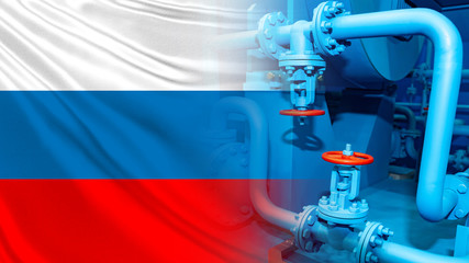 Gas pipes next to the russian flag. Pipeline as a symbol of the gas industry. Concept is the purchase of Russian gas. Export of natural resources from Russia. Fragment of a pipeline close-up.