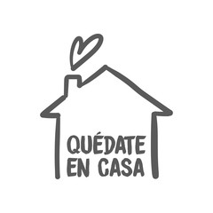 Stay at home message in spanish language, House doodle icon with text