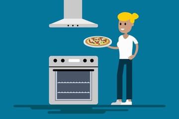 Vector woman cooking pizza on blue