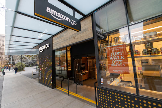 Seattle, Washington USA - Dec 2, 2019: Amazon Go Store Where Cashierless Technology Enables Customers to Just Walk Out With Their Goods With No Lines or Checkout