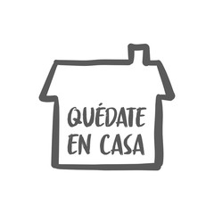 Stay at home message in spanish language, House doodle icon with text