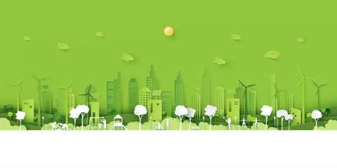 Fotobehang Human activities in the park with fresh air on green eco friendly city background.Ecology and Environment concept paper art style.Vector illustration. © Man As Thep
