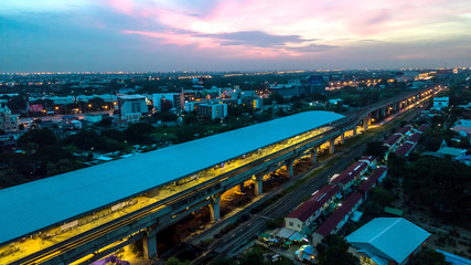 Aerial view of electric train in Morning time .