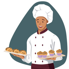 Smiling Chef holds a Baking Tray with Buns 