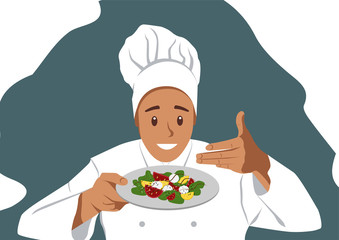 Smiling Chef is holding a Salad and sniffing him