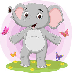 Cartoon happy elephant with butterflies in the grass