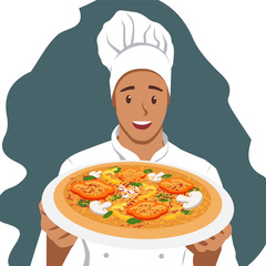 Smiling Chef holds Pizza.