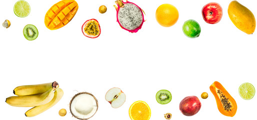 Creative layout made of passion fruit, pitahaya, mango, orange, papaya, coconut, longa, bananas,...