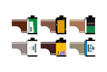 Set of camera vintage film roll cartridge icon isolated on color background. 35mm film canister. Filmstrip photographer equipment. Analogue camera vector Illustration