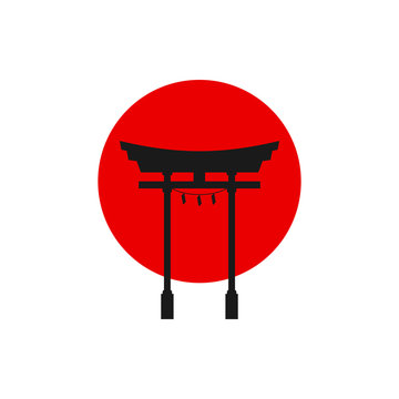 recommend clip art: Tori gate flat design vector illustration. Tori gate symbol. Big red sun and black sacred torii gates reflecting in water. Historical landmark of japanese. can use for logo, web, travel, icon