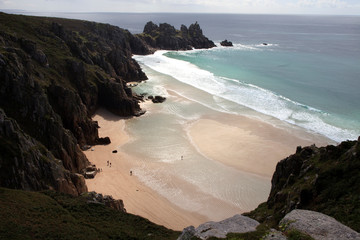 Porthcurno (England), UK - August 16, 2015: Porth Chapel beach, Porthcurno, Cornwall, England, United Kingdom.