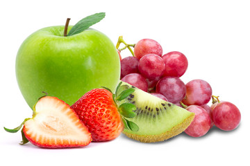 Pile of various types of fresh organic fruits ( red berry strawberry, green apple, kiwi slice and grapes fruit ) isolated on white background. 
